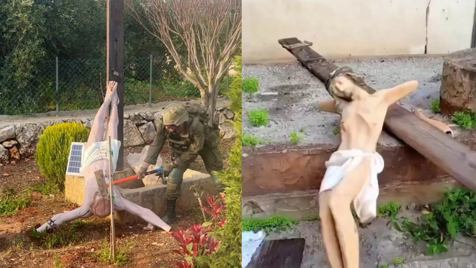 Soldats israéliens Hz. Il a brisé la statue de Jésus avec un marteau